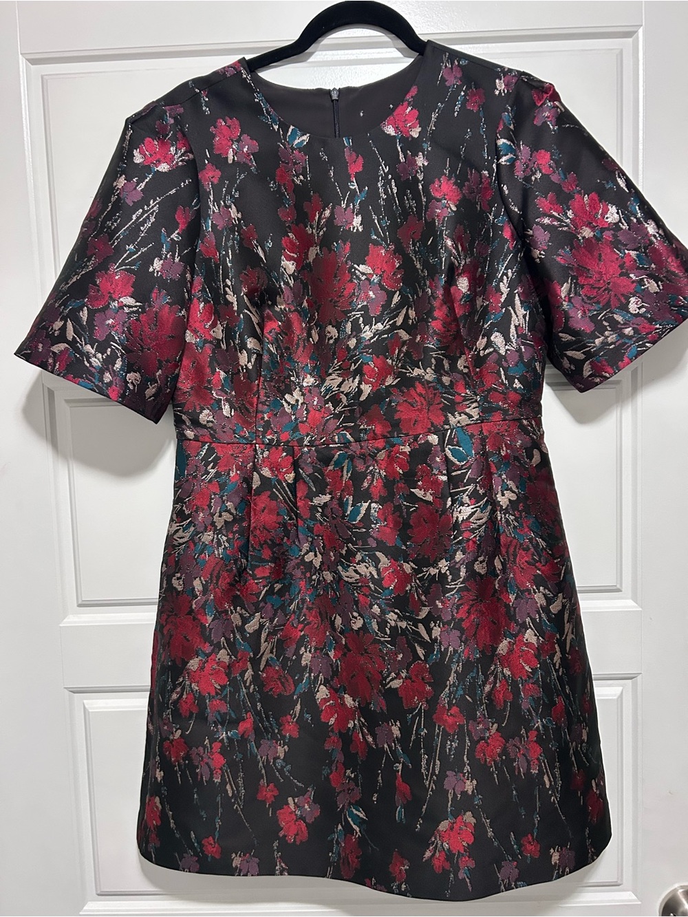 Vince Camuto Black Mini Dress with Burgundy Floral Jacquard